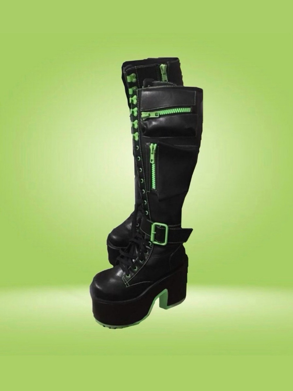Electric Green Black Platform Long Boots - Women’s Size 10